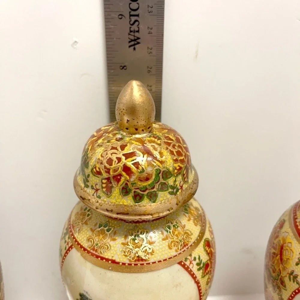Set of 4 Vintage Mid-Century Satsuma Style Lidded Temple Jars 8 Inches Lot 2